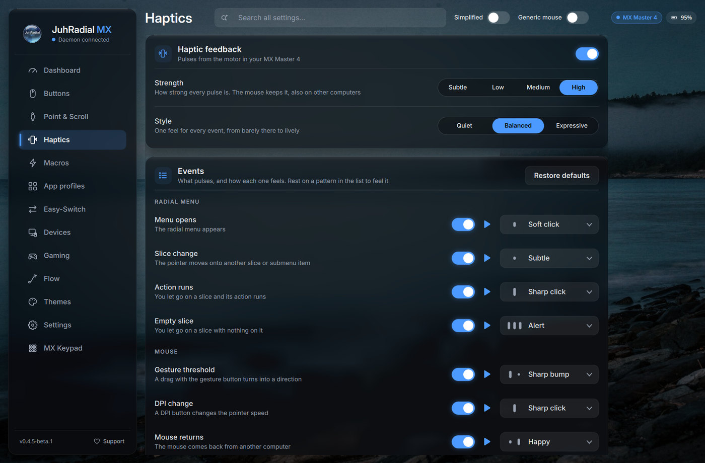 JuhRadial MX Settings, Haptics page with strength, style and per-event patterns