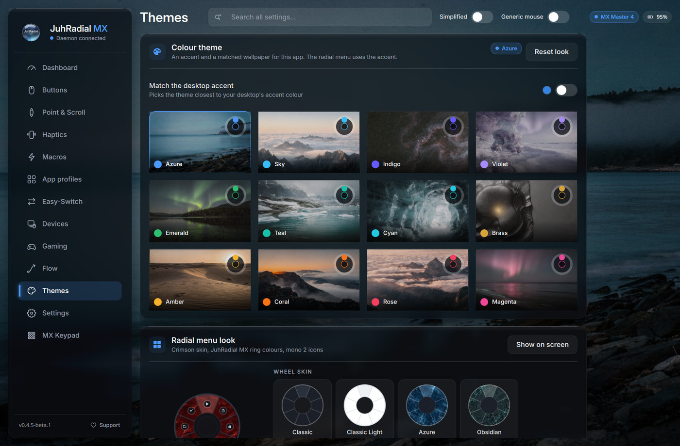 JuhRadial MX Settings, Themes page with twelve colour themes and wheel skins