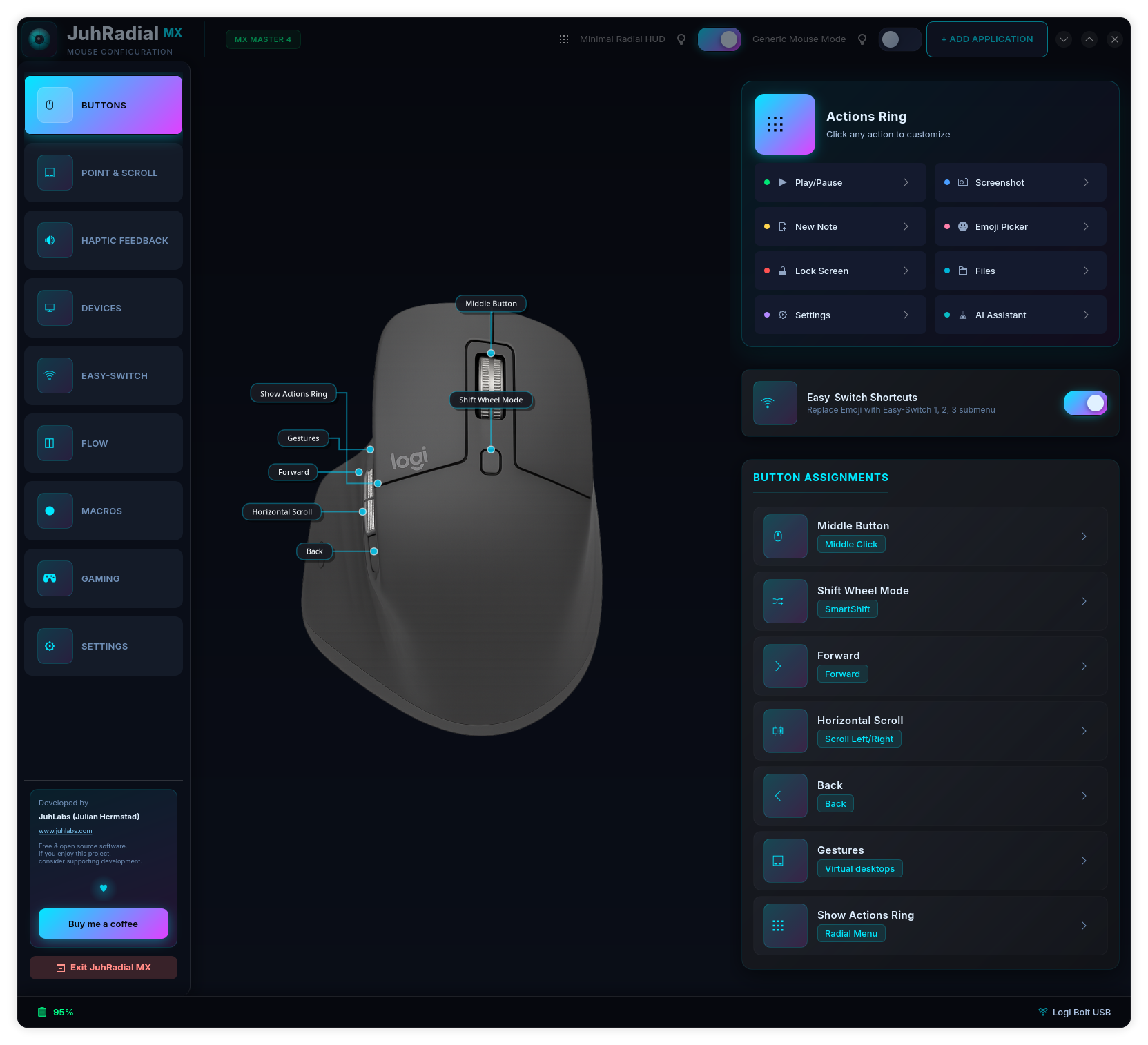 Settings dashboard