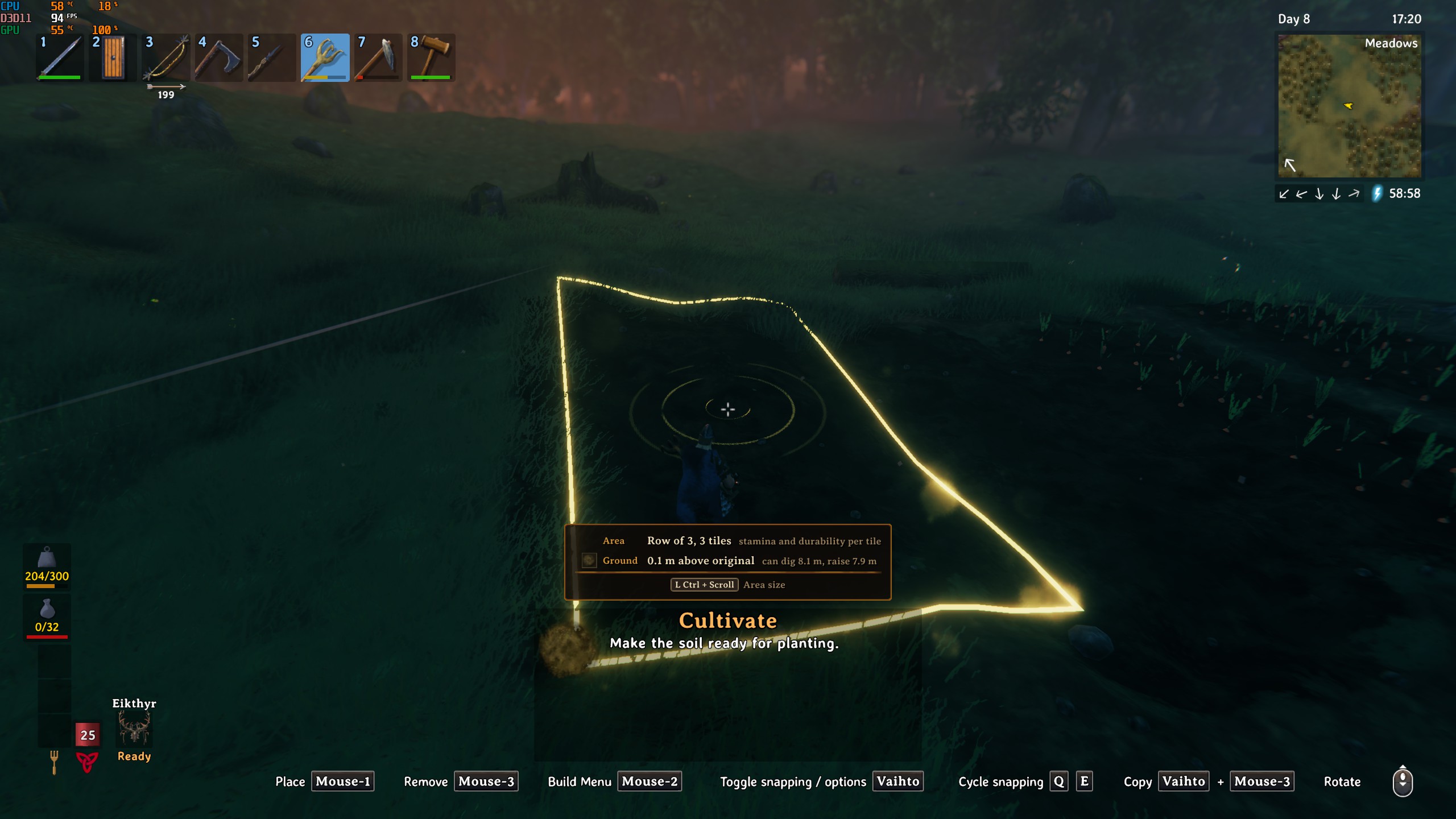 A 1 x 3 cultivate strip along where you look