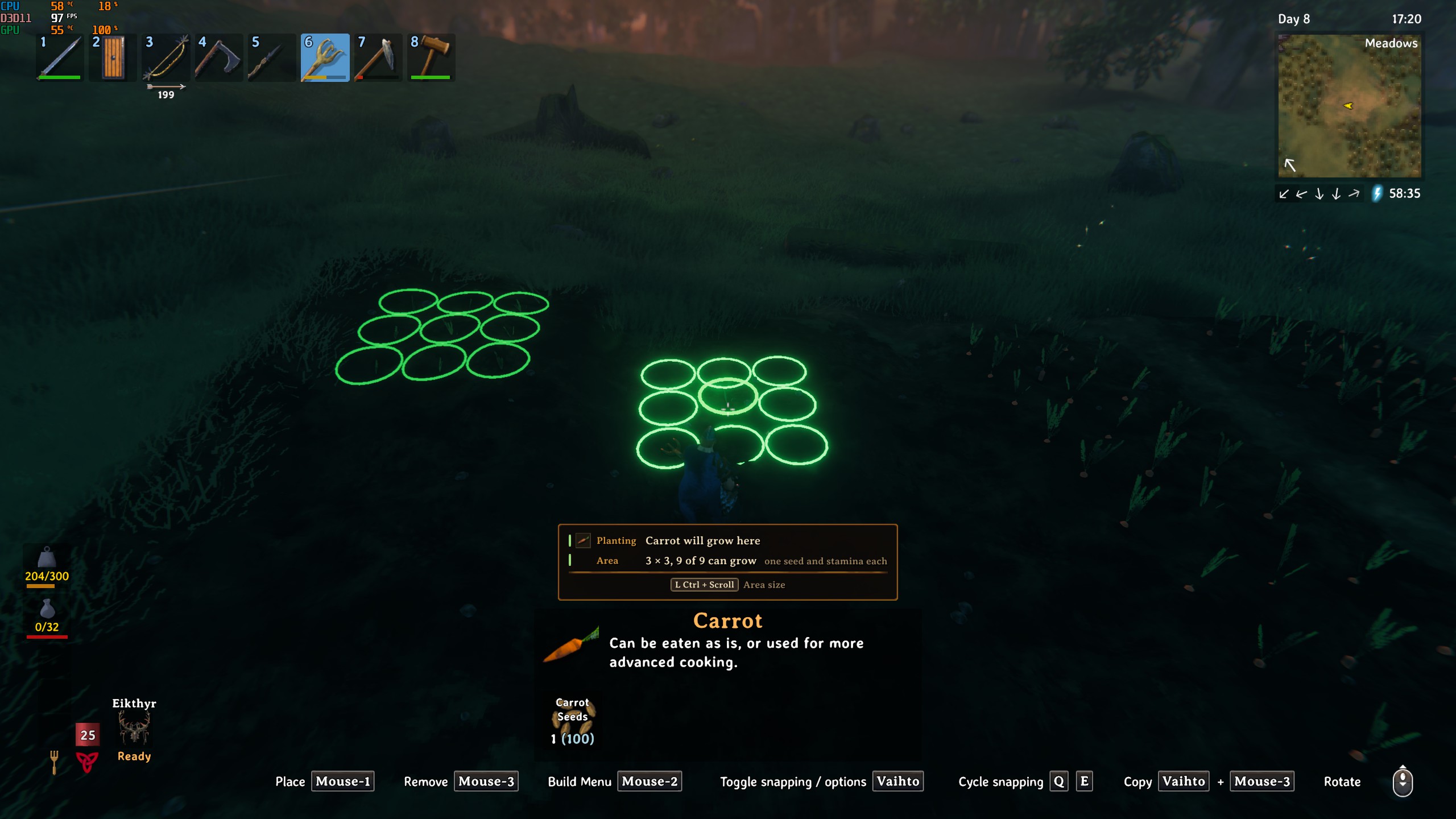 A 3 x 3 planting grid with each seed's grow ring
