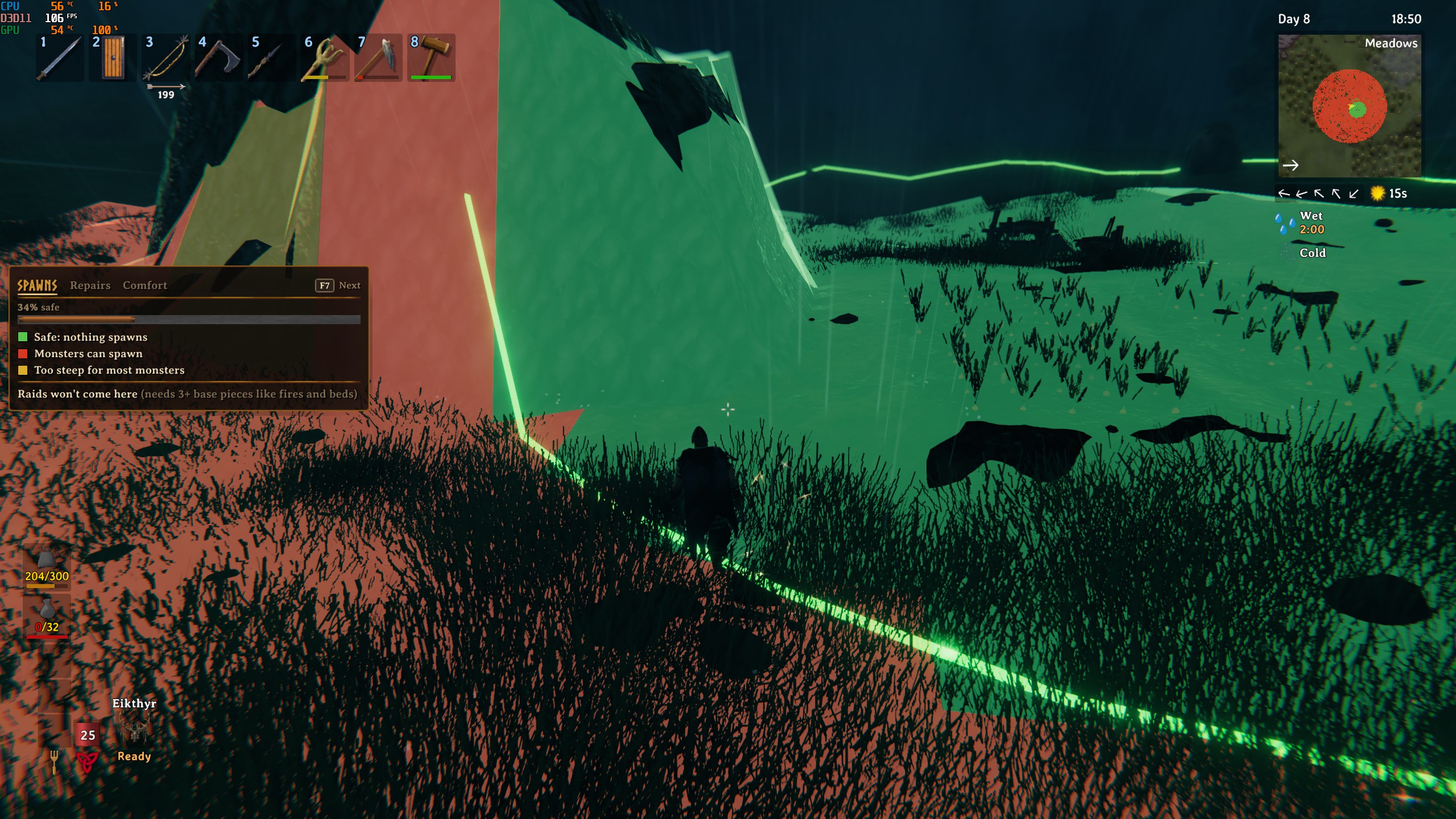 Spawns: safe ground in green, where monsters can spawn in red, one outline around the base