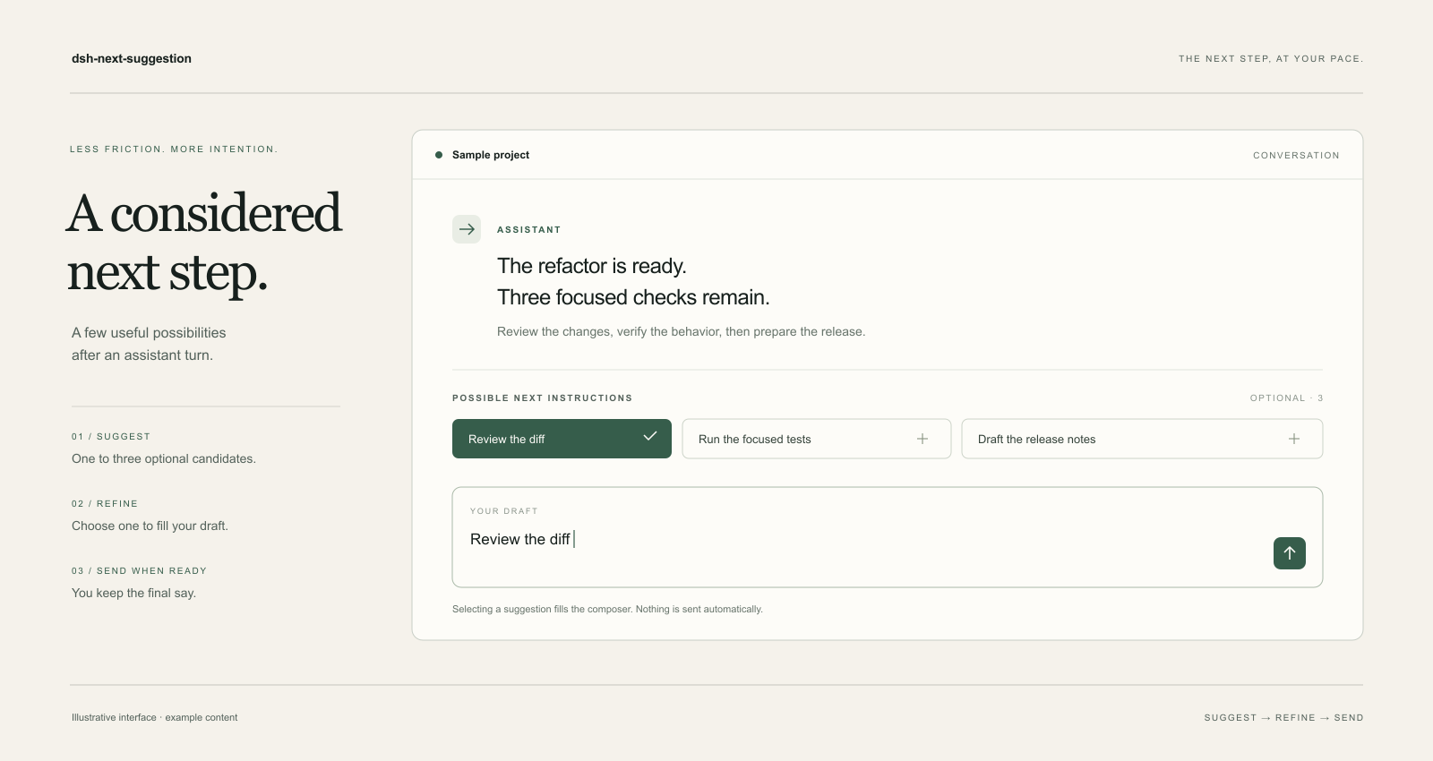 Illustrative suggestion dock and composer with example content.