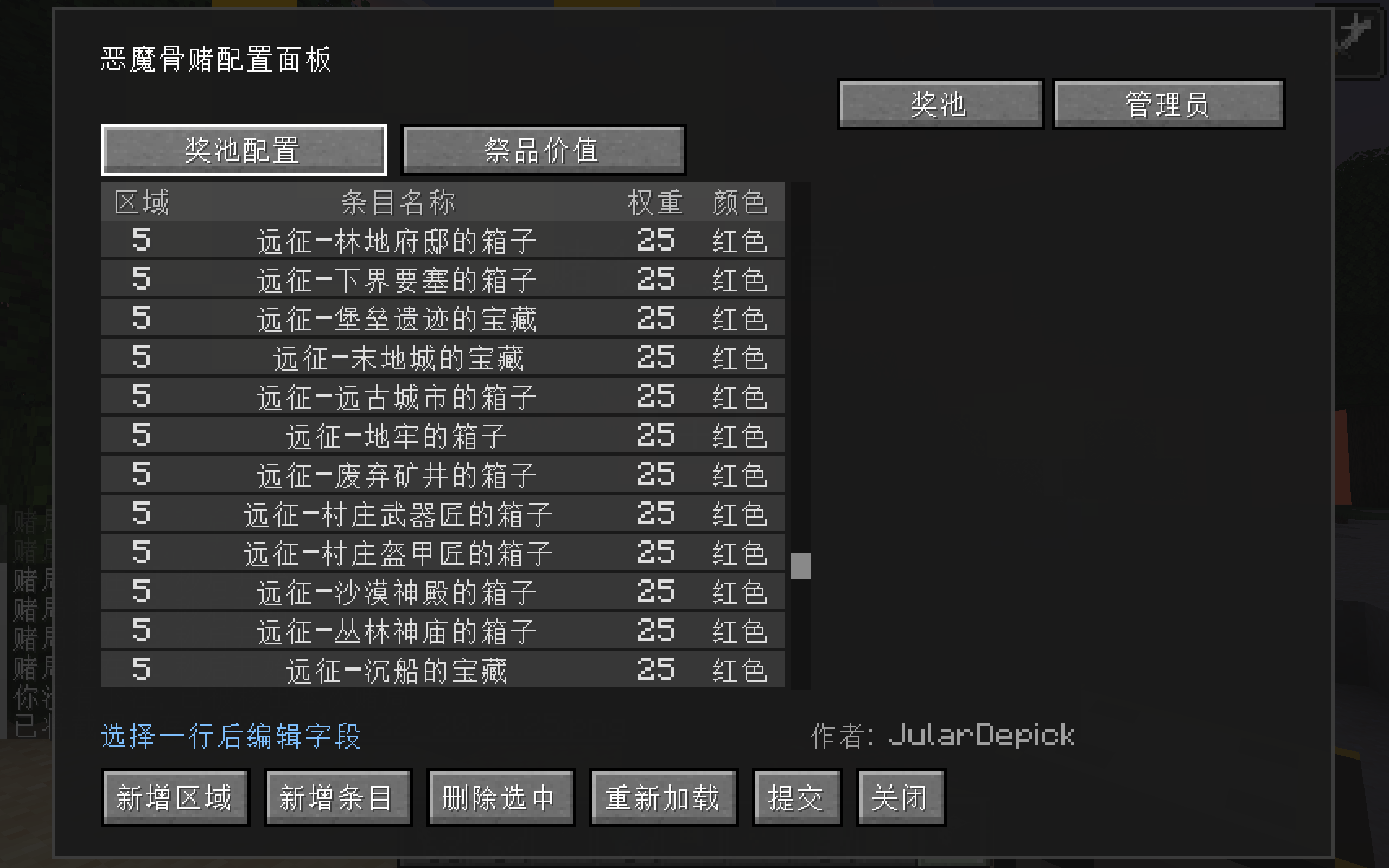 The prize pool page of the config panel