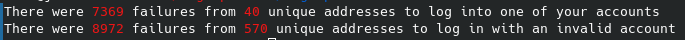 An image of the results of running logreport, informs you the number of logins that have been attempted with valid and invalid account names, and the number of unique ip addresses for each.