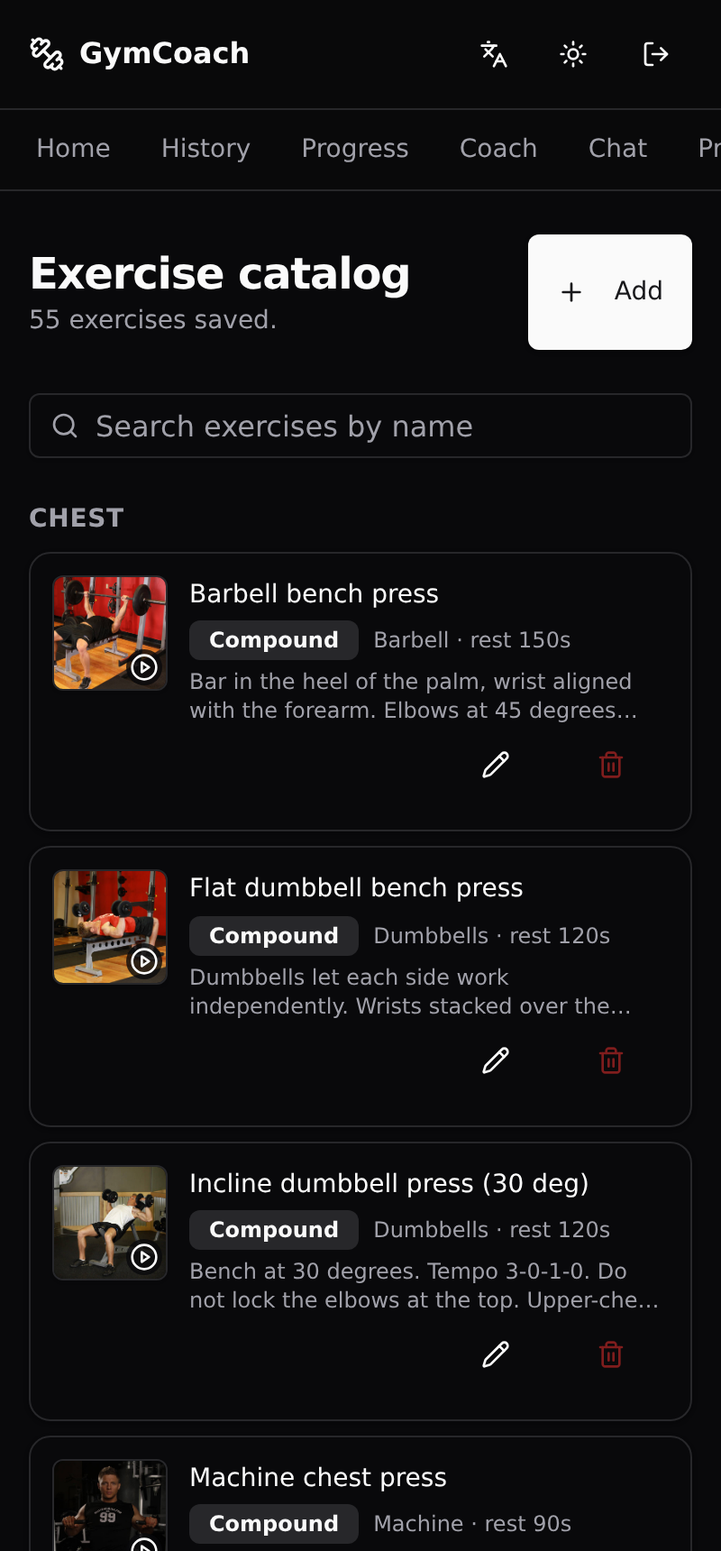 Exercise catalog