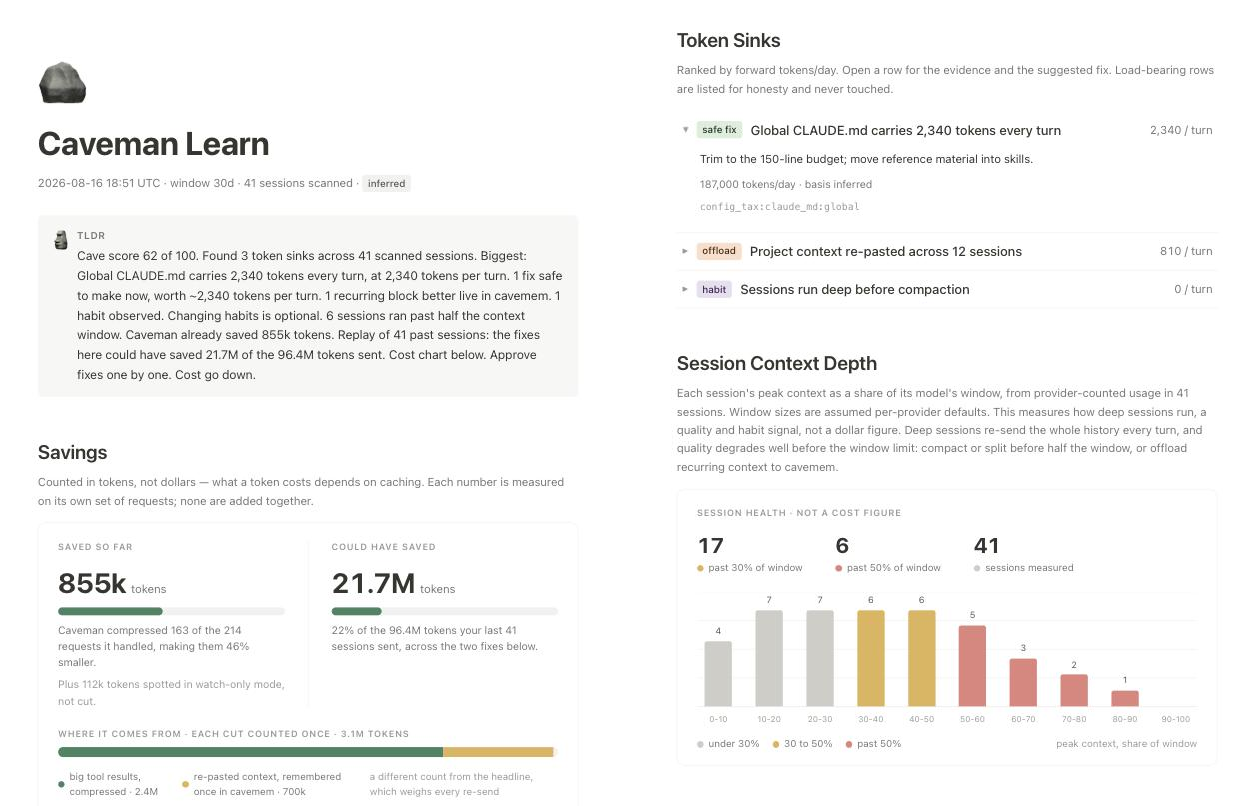 Caveman Learn report: TLDR summary and savings cards on the left; ranked token sinks with an expanded fix and a session context depth histogram on the right