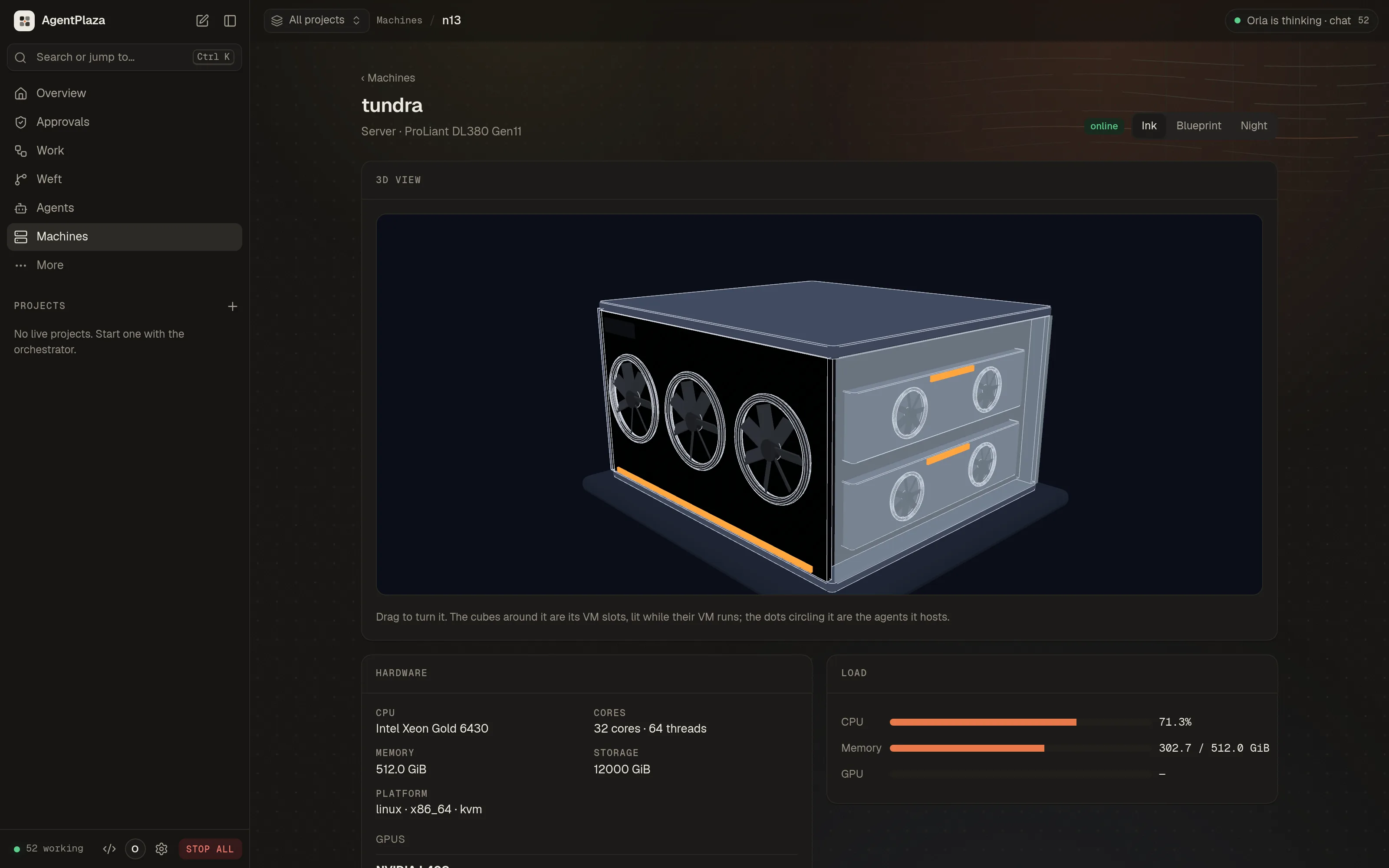 A machine's view: its 3D model, hardware, load and agents
