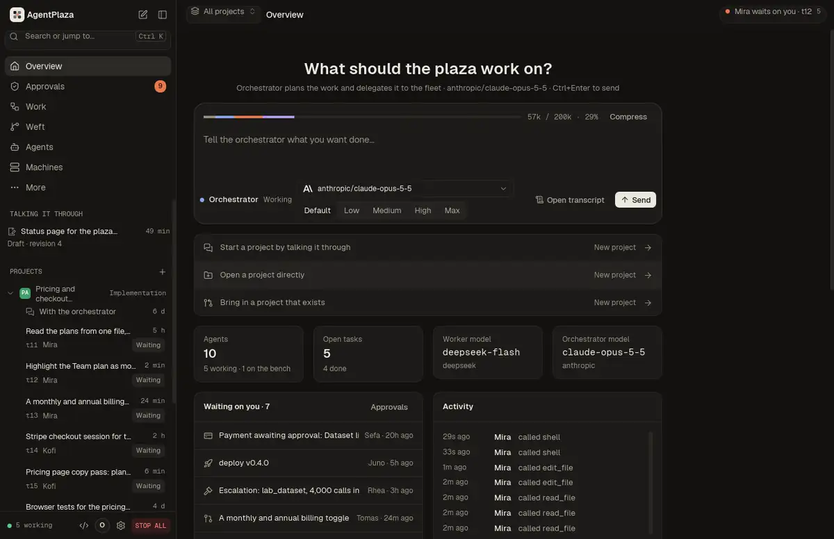 The desktop app: a goal typed to the orchestrator, the effort chosen, the context breakdown, then the agents