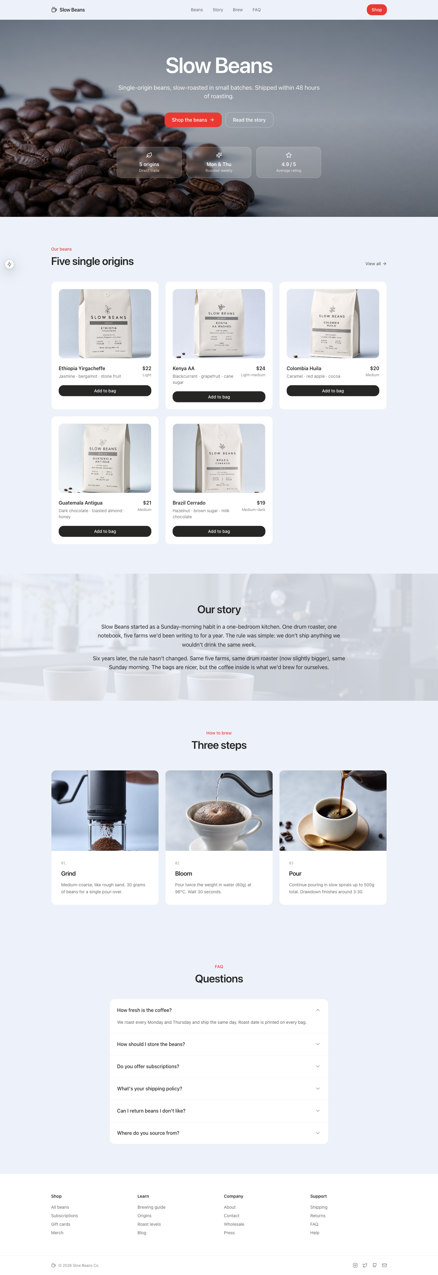 Same coffee landing page built with a DESIGN.md and product photography generated by this skill via gpt-image-2 — calm blue-gray palette, detailed coffee-bag product shots, editorial brewing photos