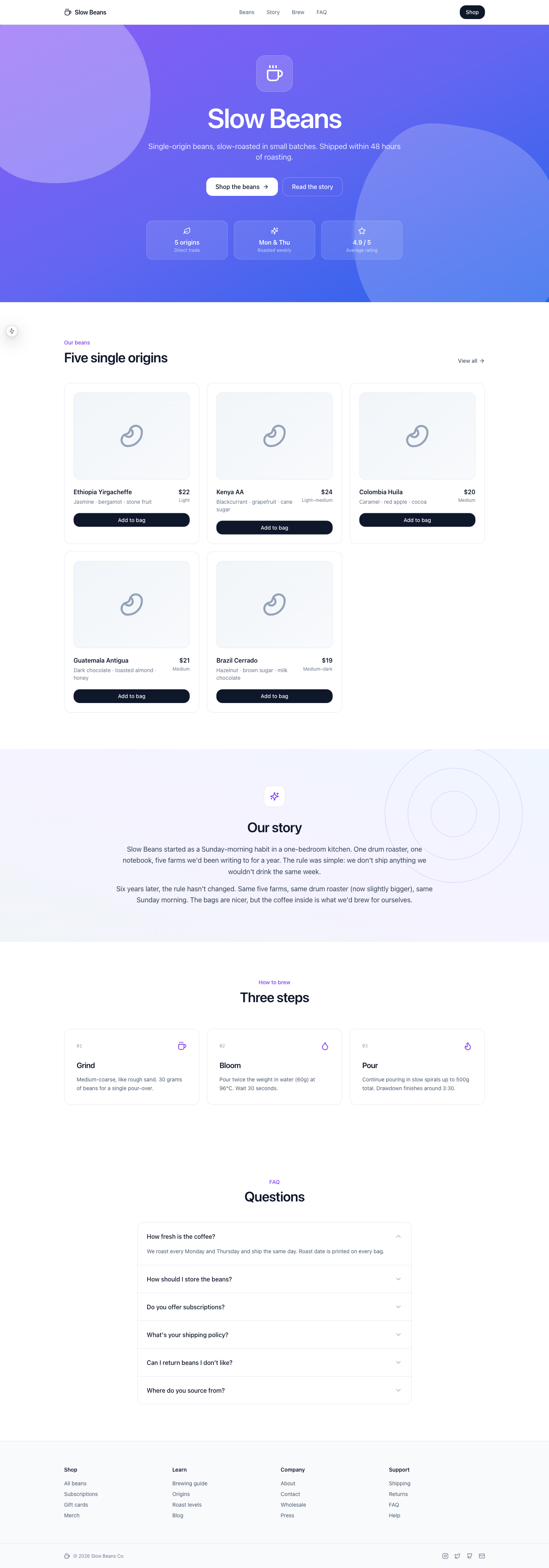 Coffee landing page built with shadcn defaults, Lucide icons, and a purple-blue gradient — no real images, classic AI-default visual stack