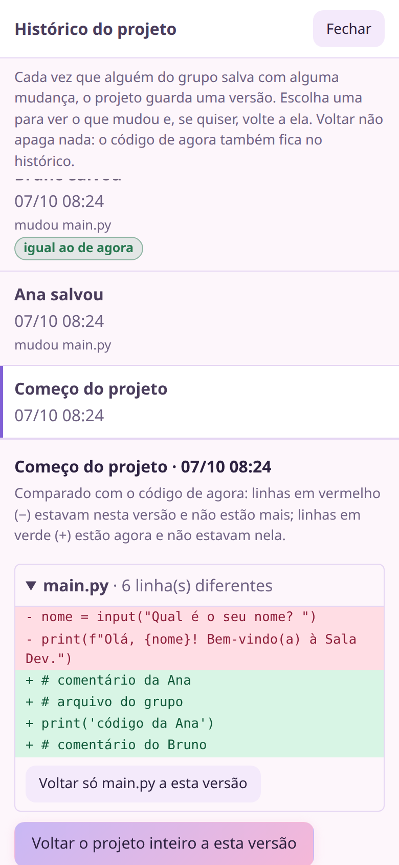 Histórico de versões