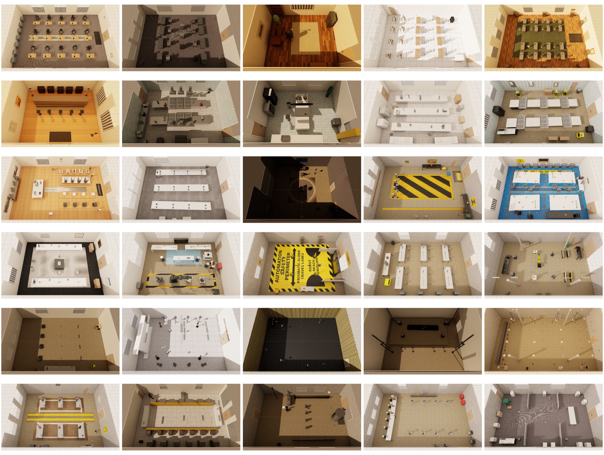 Thirty generated scenes, spanning offices, gyms, kitchens and labs, rendered from artiscene output