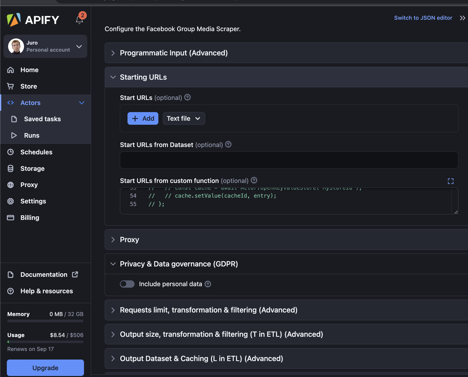Apify actor input page