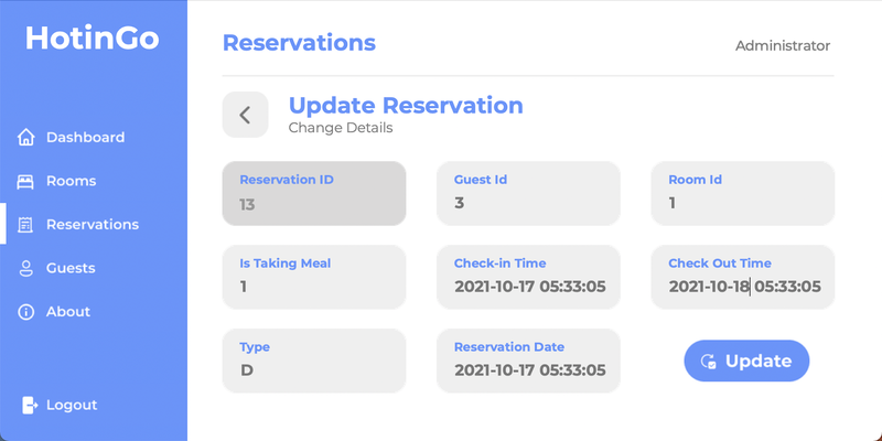 Update Reservation Screen