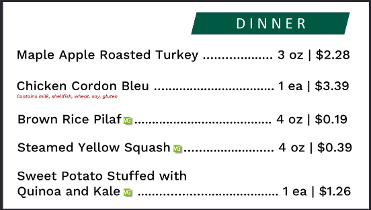 A typical menu at Binghamton