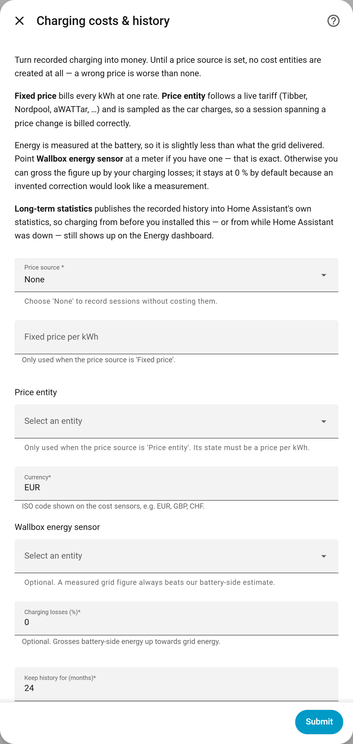 Charging costs & history settings: price source, fixed price, price entity, currency, wallbox energy sensor, charging losses and retention
