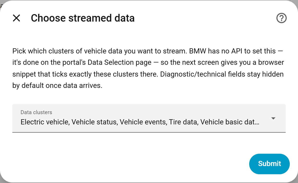 Choose streamed data dialog with a multi-select of clusters (Electric vehicle, Vehicle status, Vehicle events, Tire data, …)
