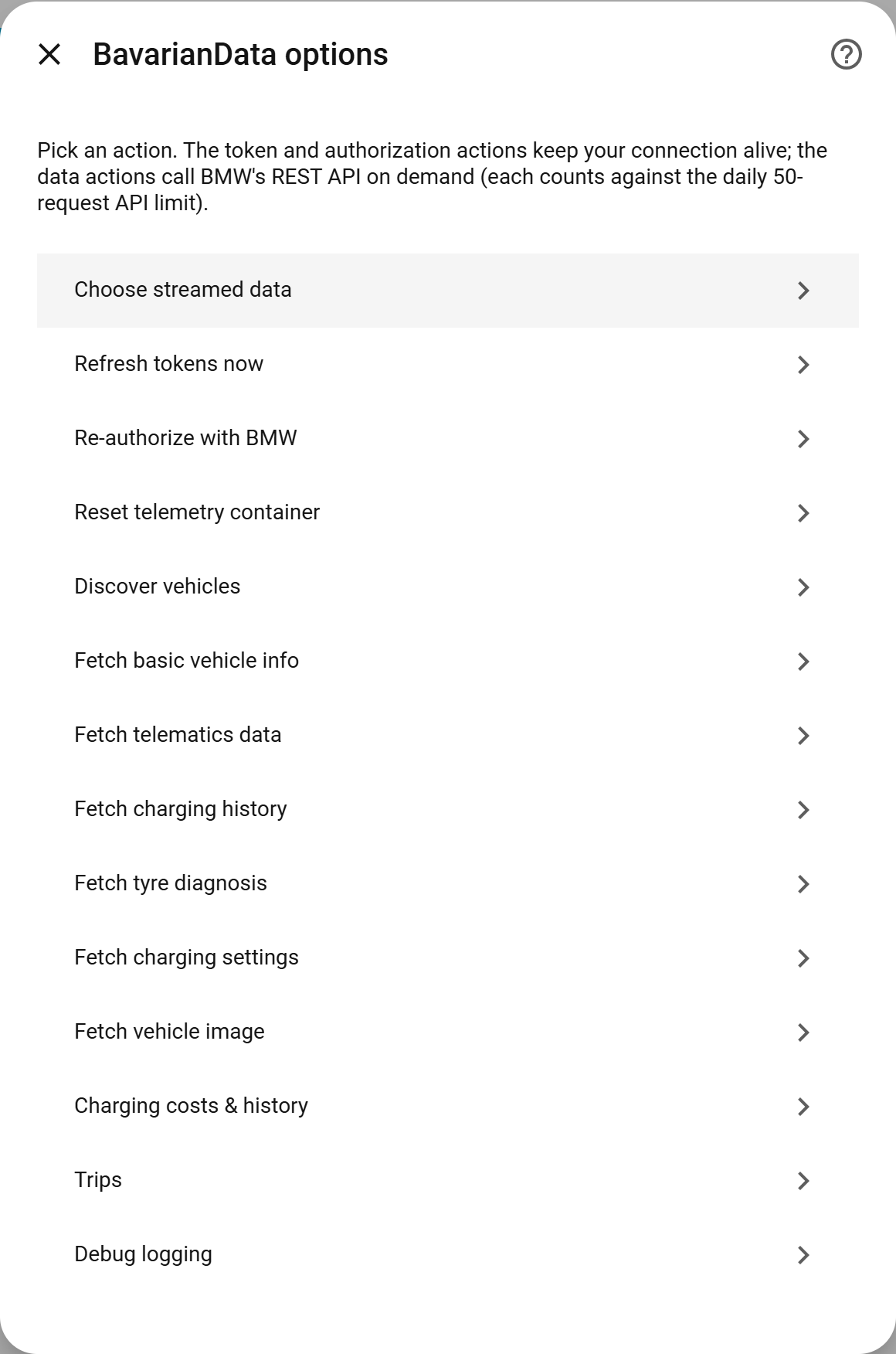 BavarianData options menu listing all fourteen actions, from Choose streamed data to Debug logging