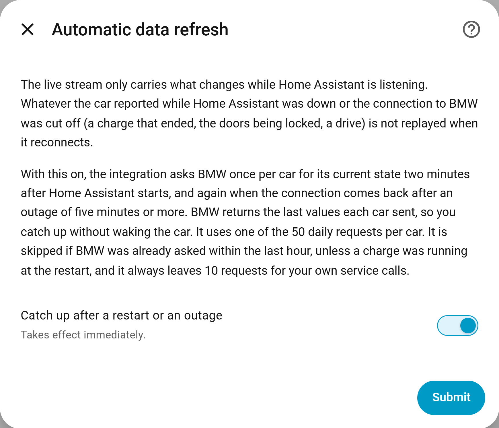 Einstellungen der automatischen Aktualisierung: ein Schalter, Catch up after a restart or an outage, eingeschaltet (Screenshot englisch)
