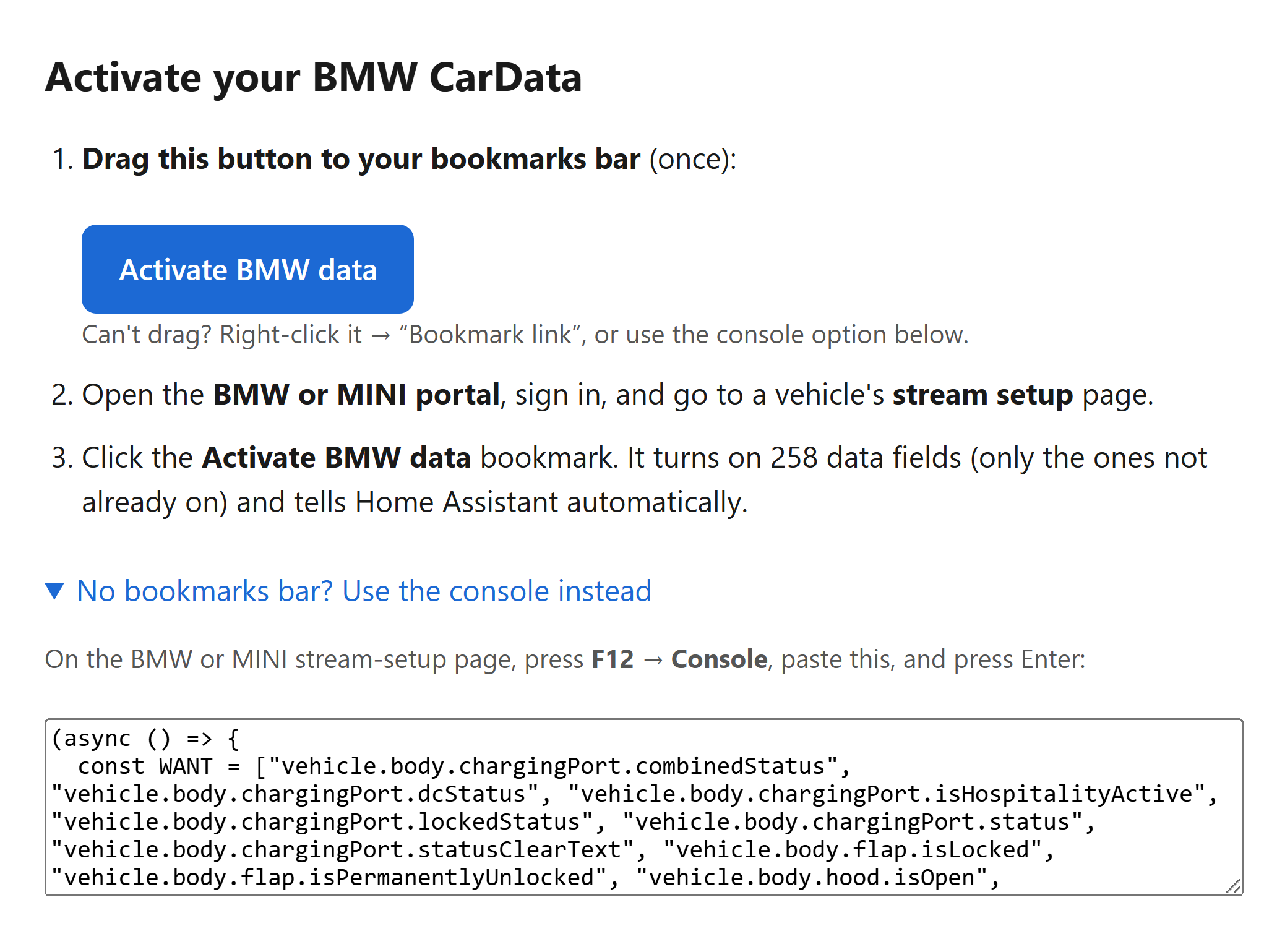 The served activation page with a draggable 'Activate BMW data' bookmarklet button and a console fallback