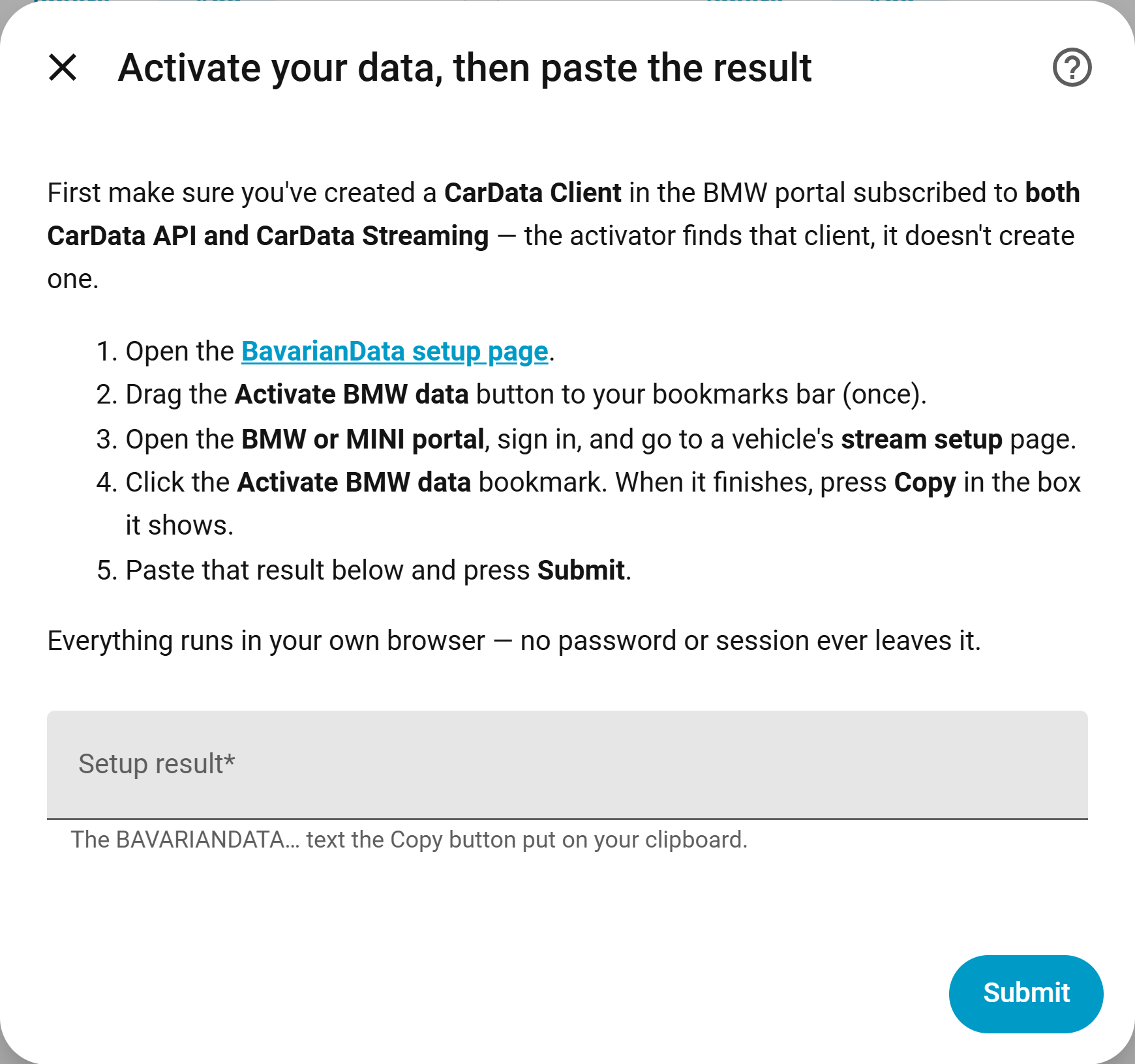 Guided activation screen: run the bookmarklet on the portal, then Home Assistant continues automatically or you paste the short result