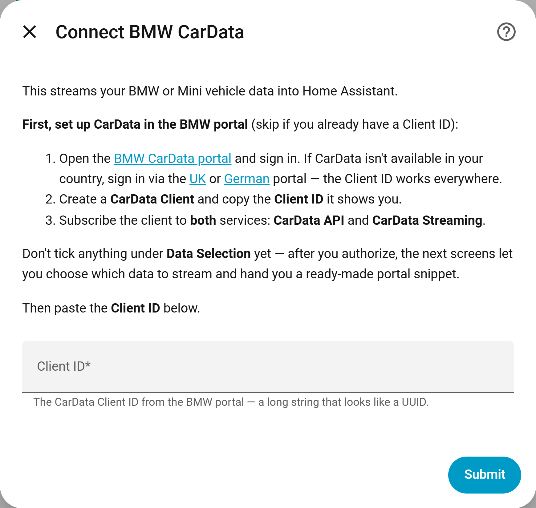 Manual path: a recap of the portal setup and a field to paste the CarData Client ID