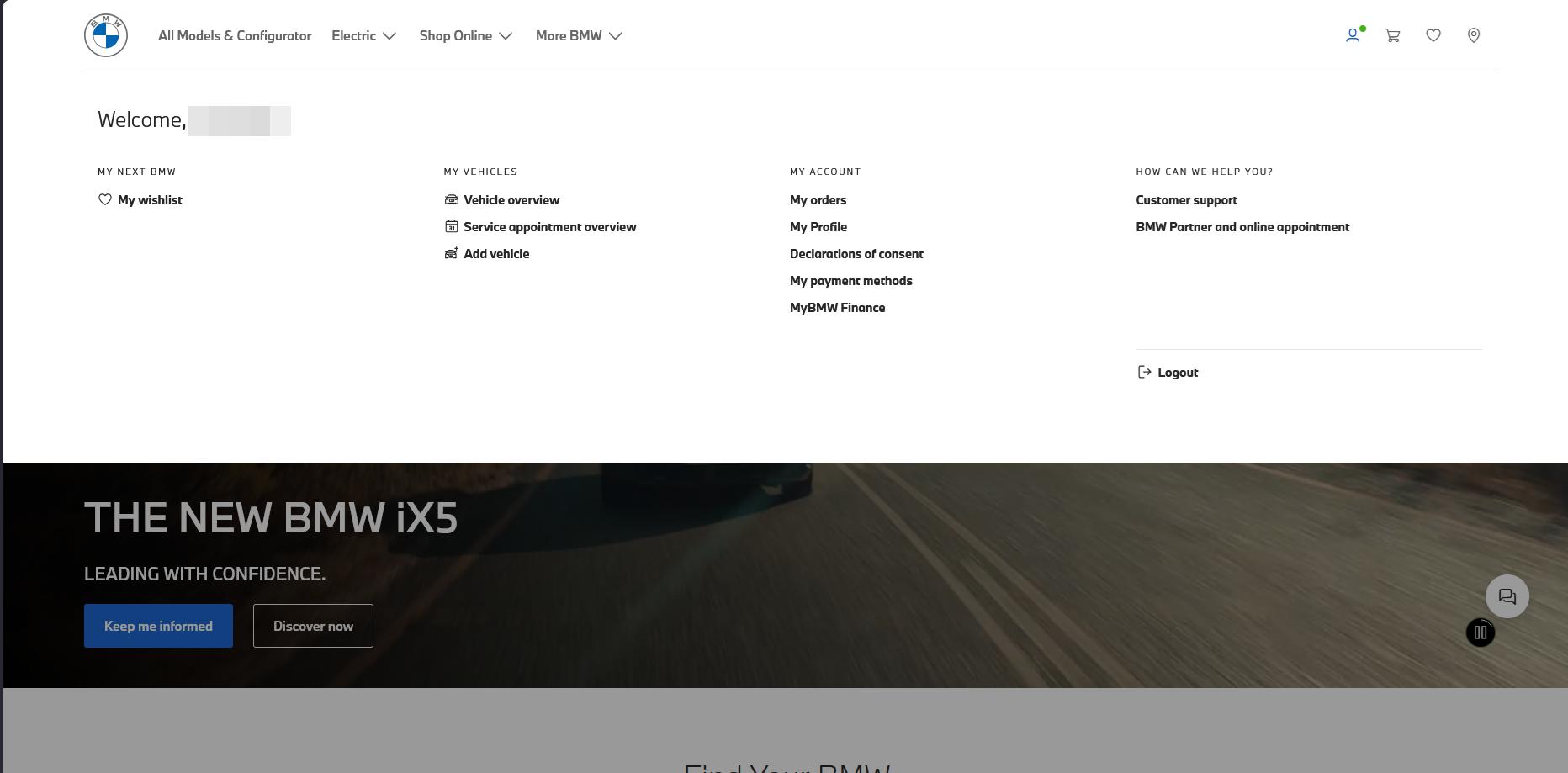 MyBMW account landing page; under 'My Vehicles' the 'Vehicle overview' link is highlighted
