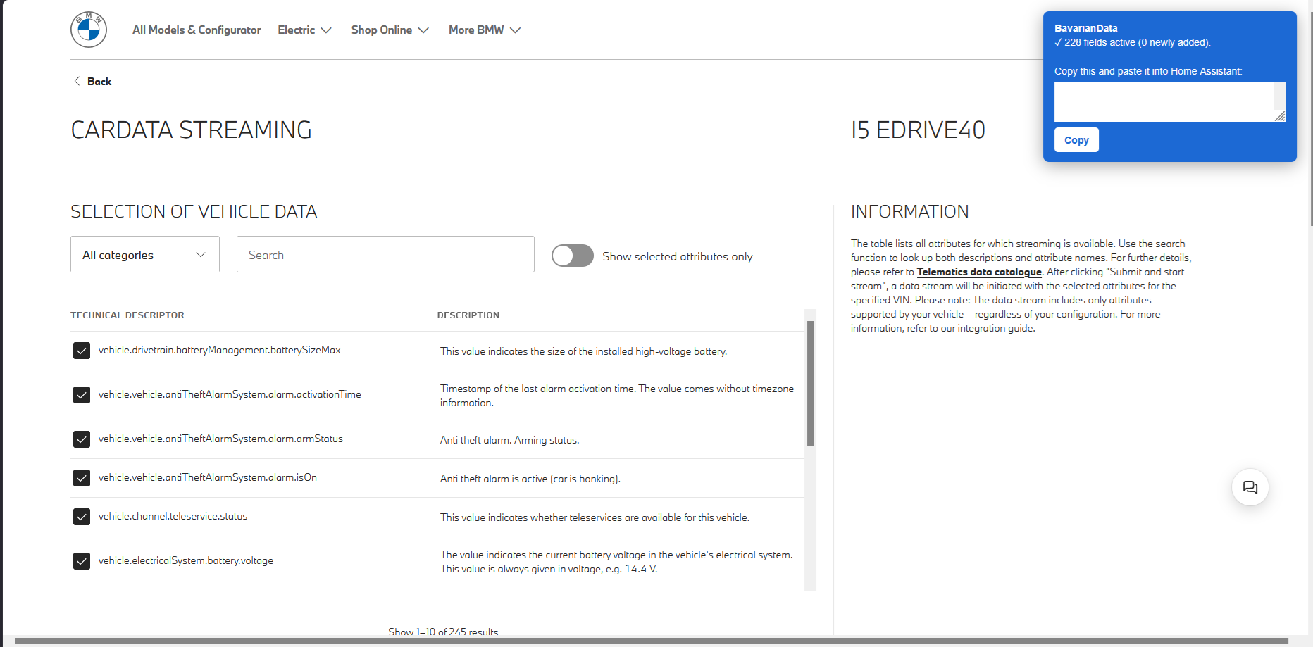 Portal page with a 'BavarianData — 228 fields active' toast and a 'Copy this and paste it into Home Assistant' box with a Copy button