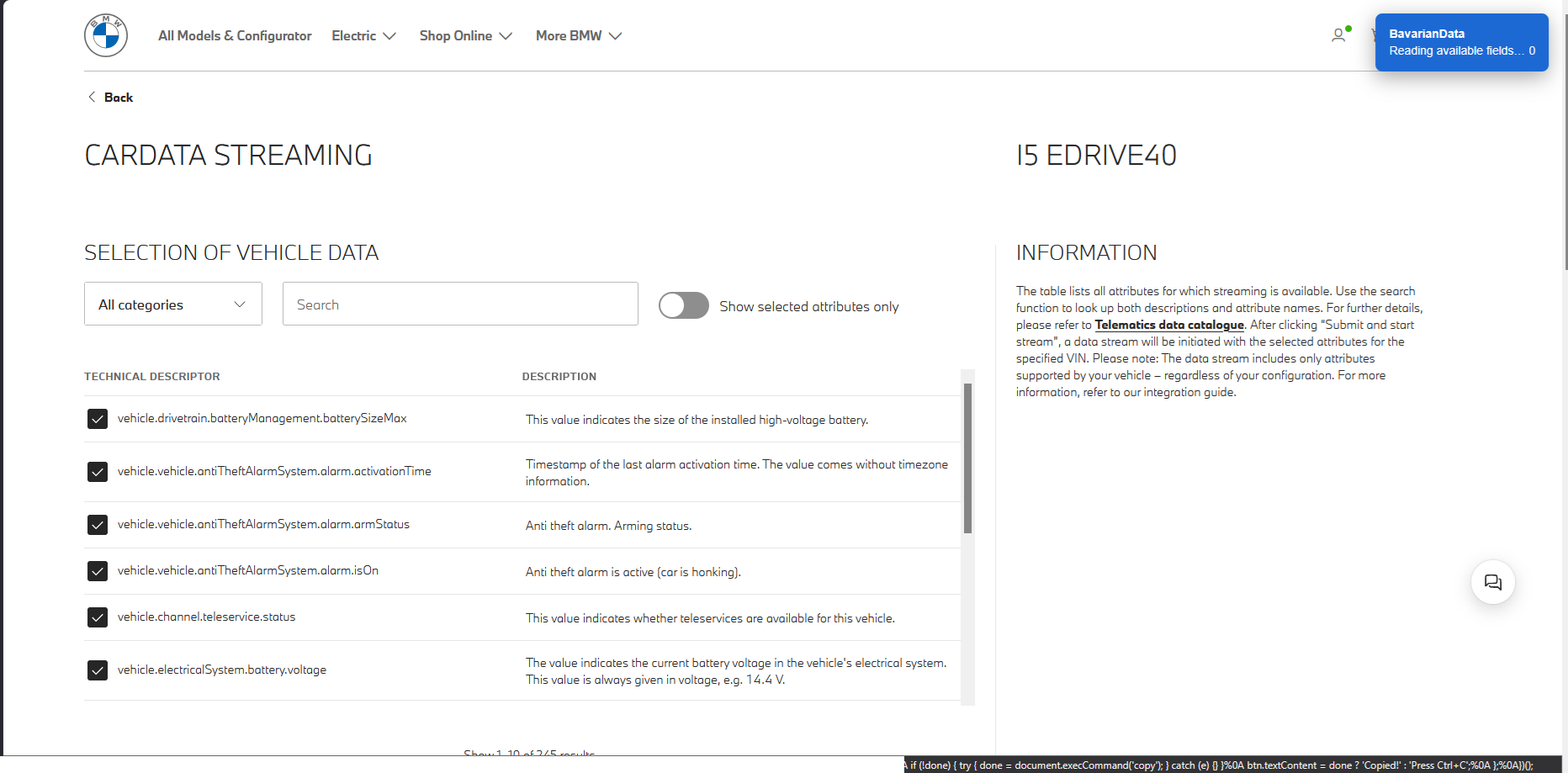 The same portal page with a 'BavarianData — Reading available fields…' progress toast in the top-right corner
