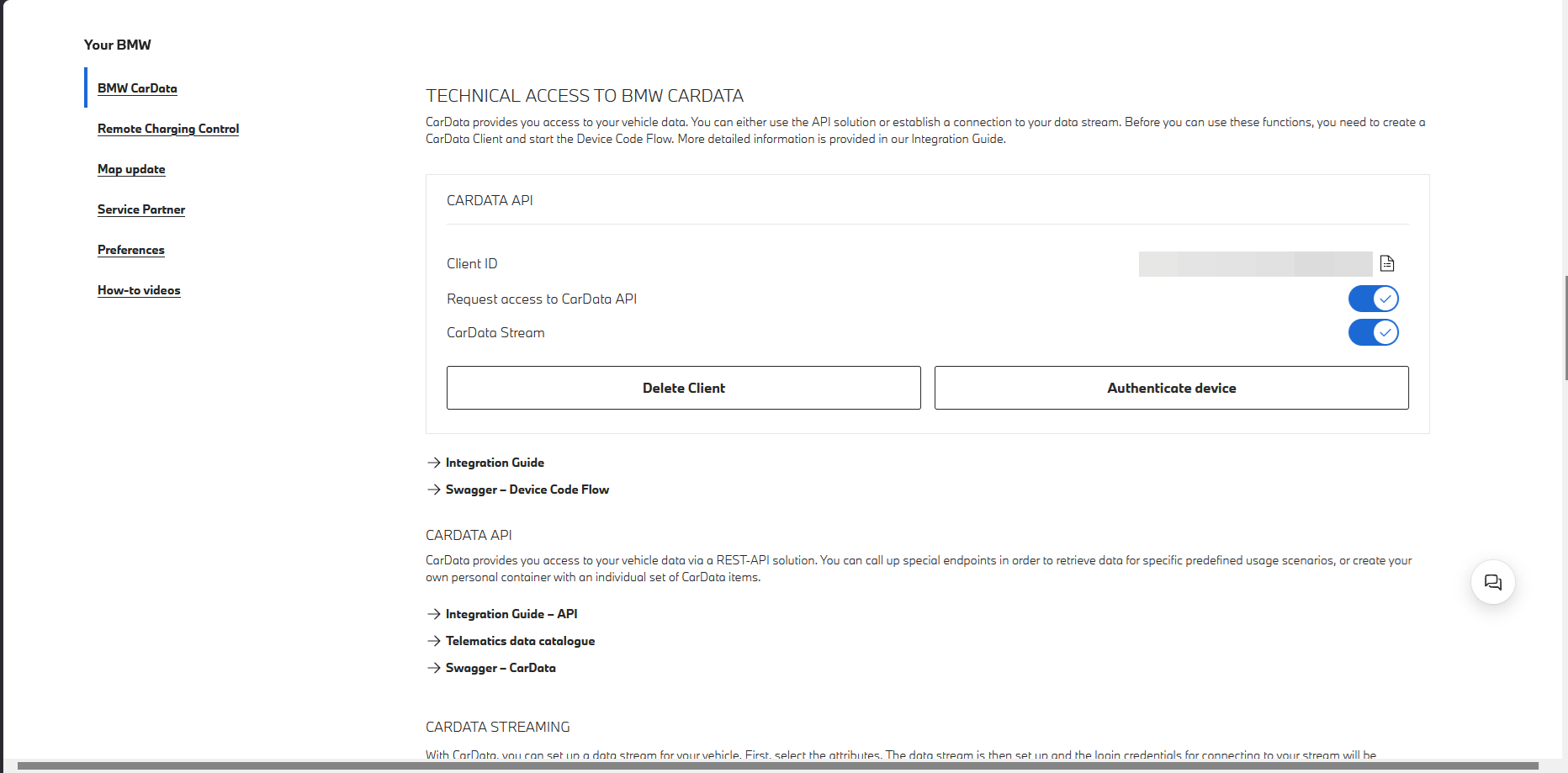 'Technical access to BMW CarData' screen showing the generated Client ID (redacted) with the CarData API and CarData Stream toggles both enabled, plus Delete Client and Authenticate device buttons