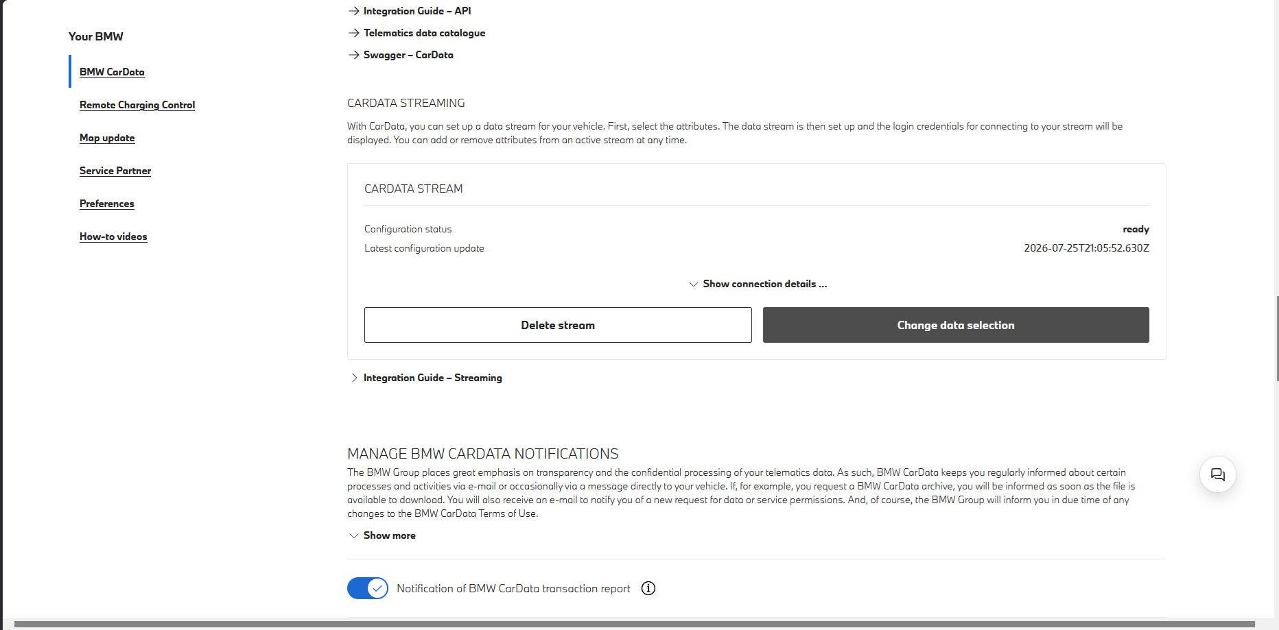 BMW CarData Stream panel showing configuration status 'ready' with 'Delete stream' and 'Change data selection' buttons