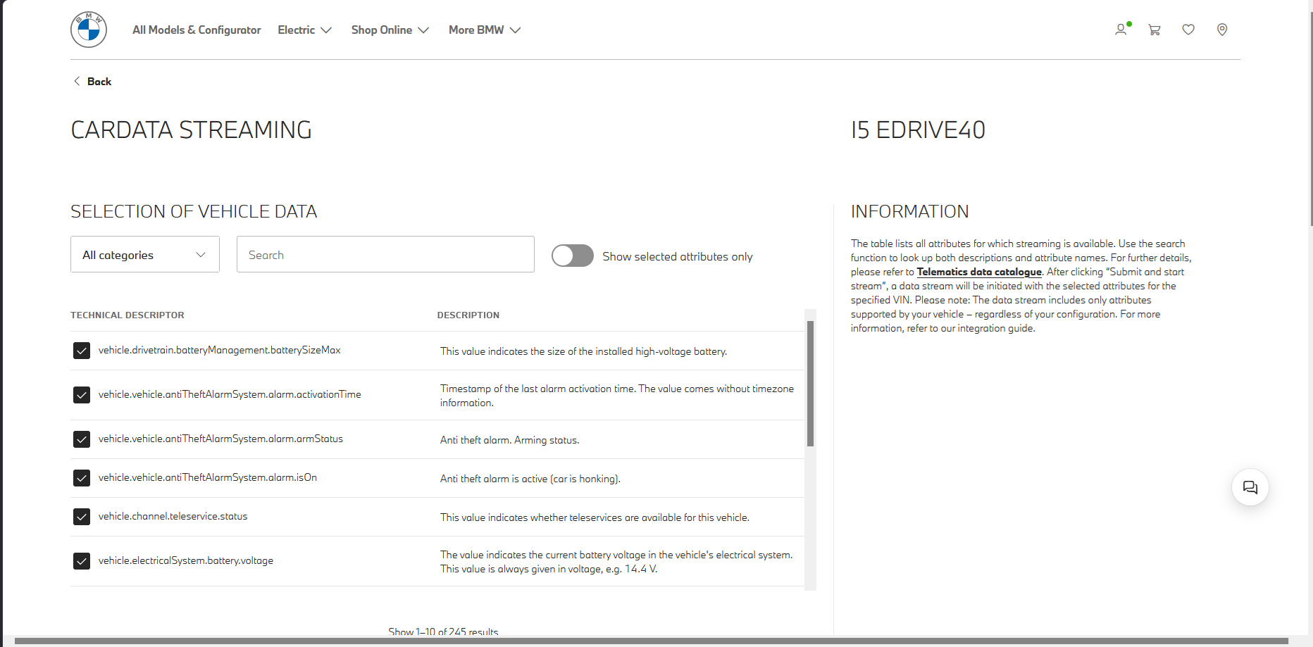 BMW CarData stream-setup page ('Selection of vehicle data') listing the streamable technical descriptors for an i5 eDrive40