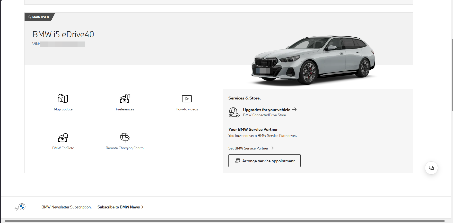 Vehicle overview page for a BMW i5 eDrive40 with the 'BMW CarData' tile among the vehicle tiles