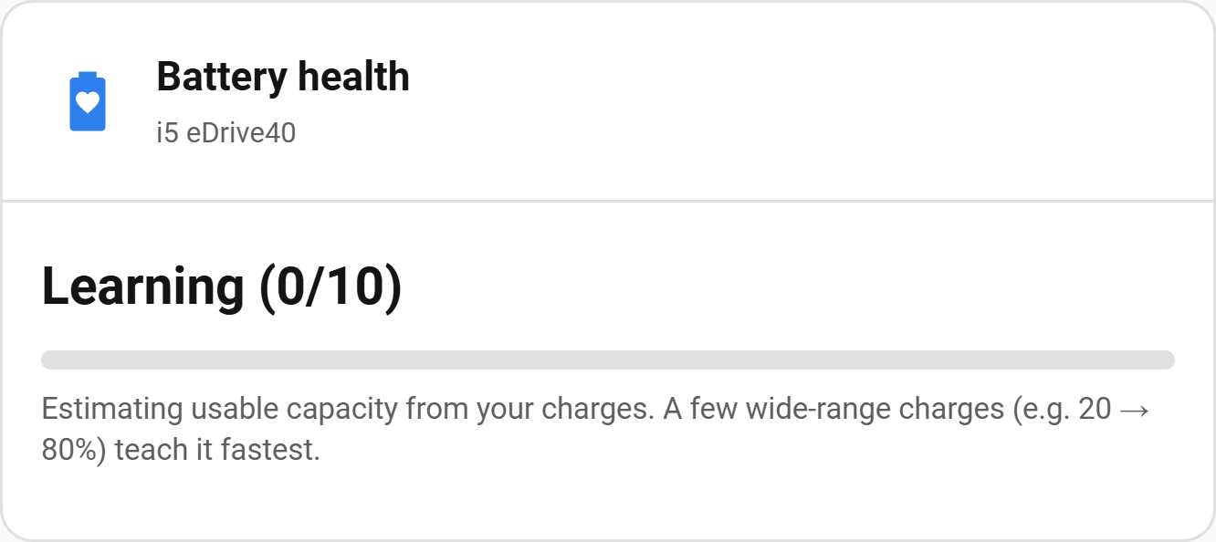 Battery health card showing a Learning (0/10) state while it gathers wide-range charges