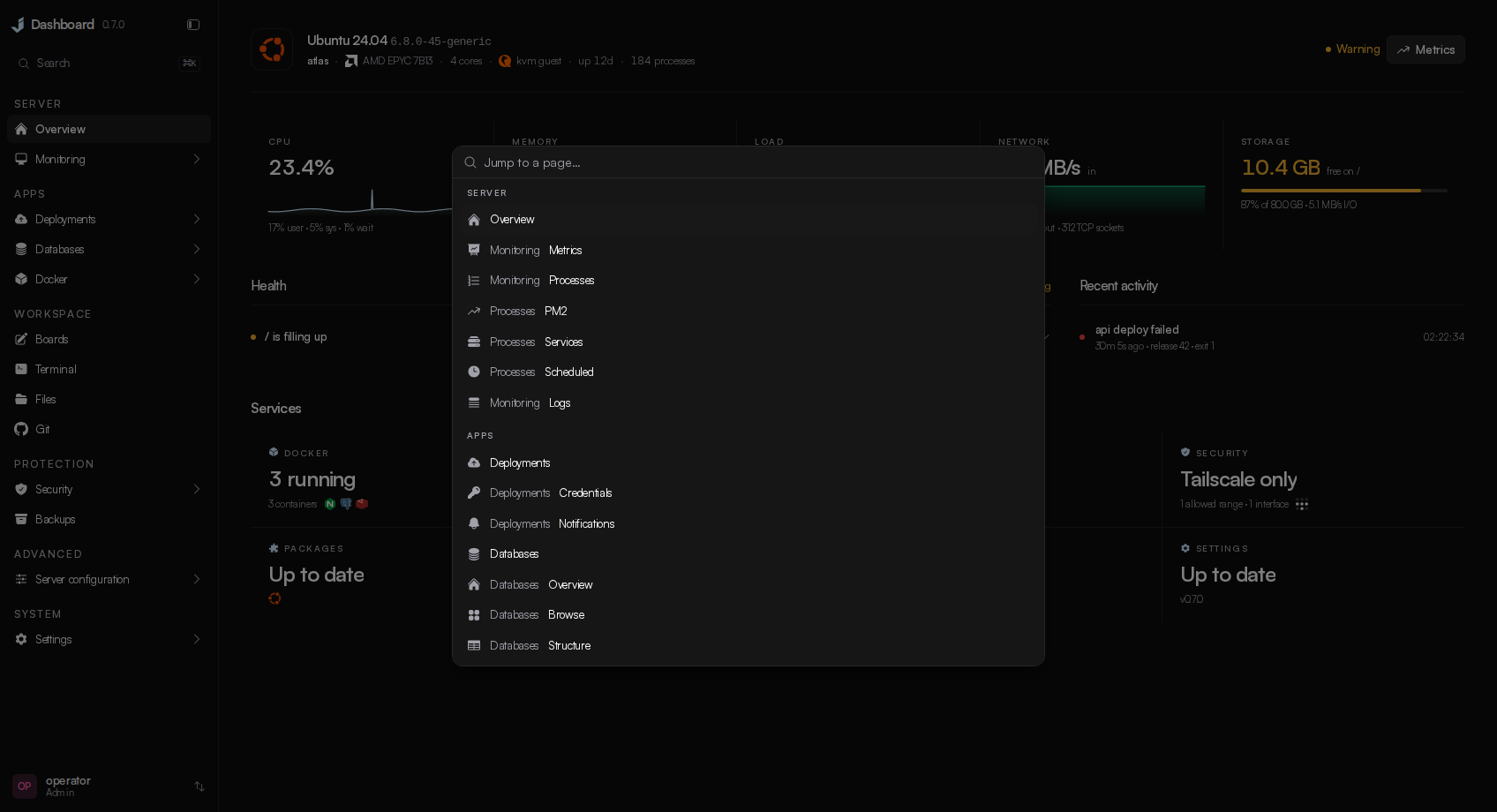 The command palette with search and shortcuts to server tools
