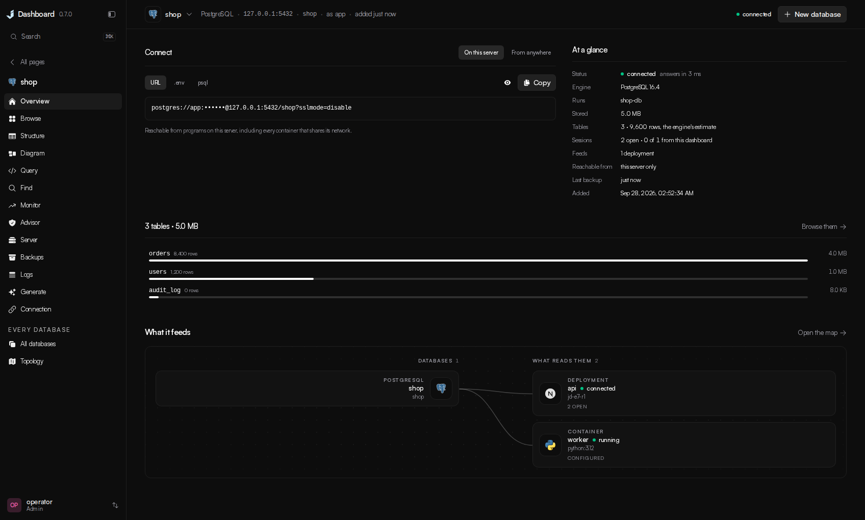 A PostgreSQL database with its masked connection string, table sizes and connected applications
