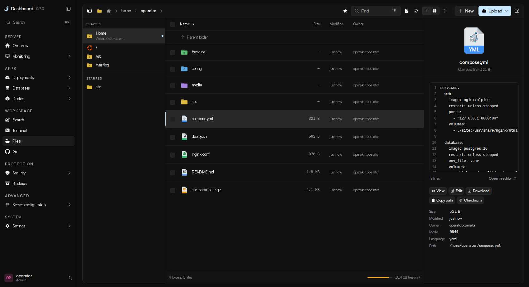 The file manager with coloured folders and a Compose file preview
