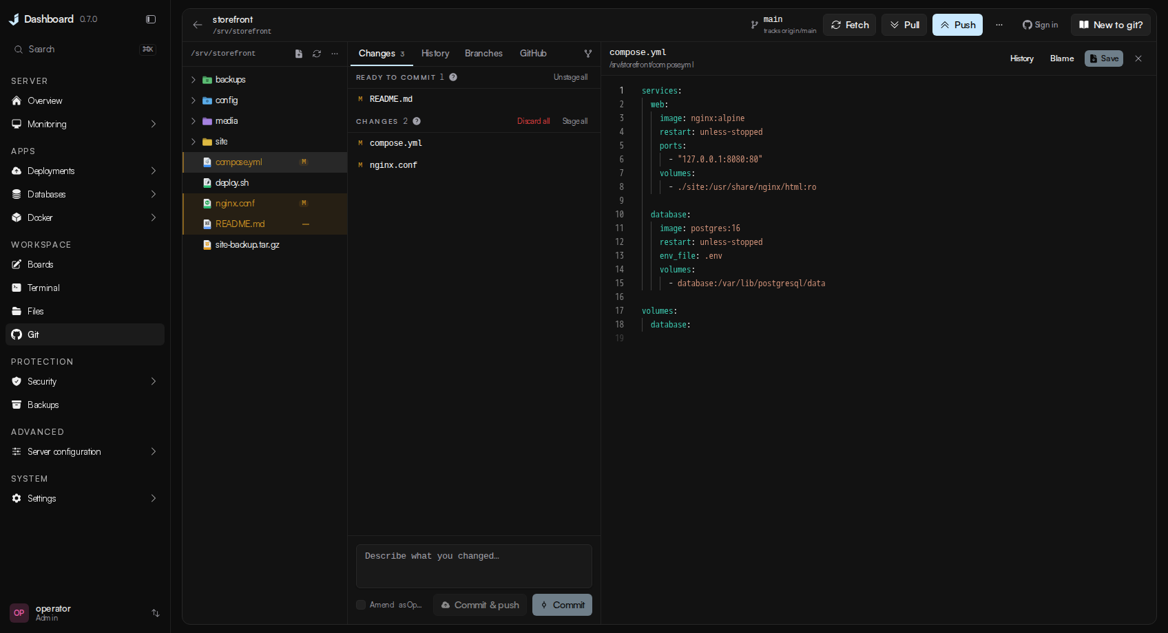 A Git workspace with staged and unstaged changes beside the file editor