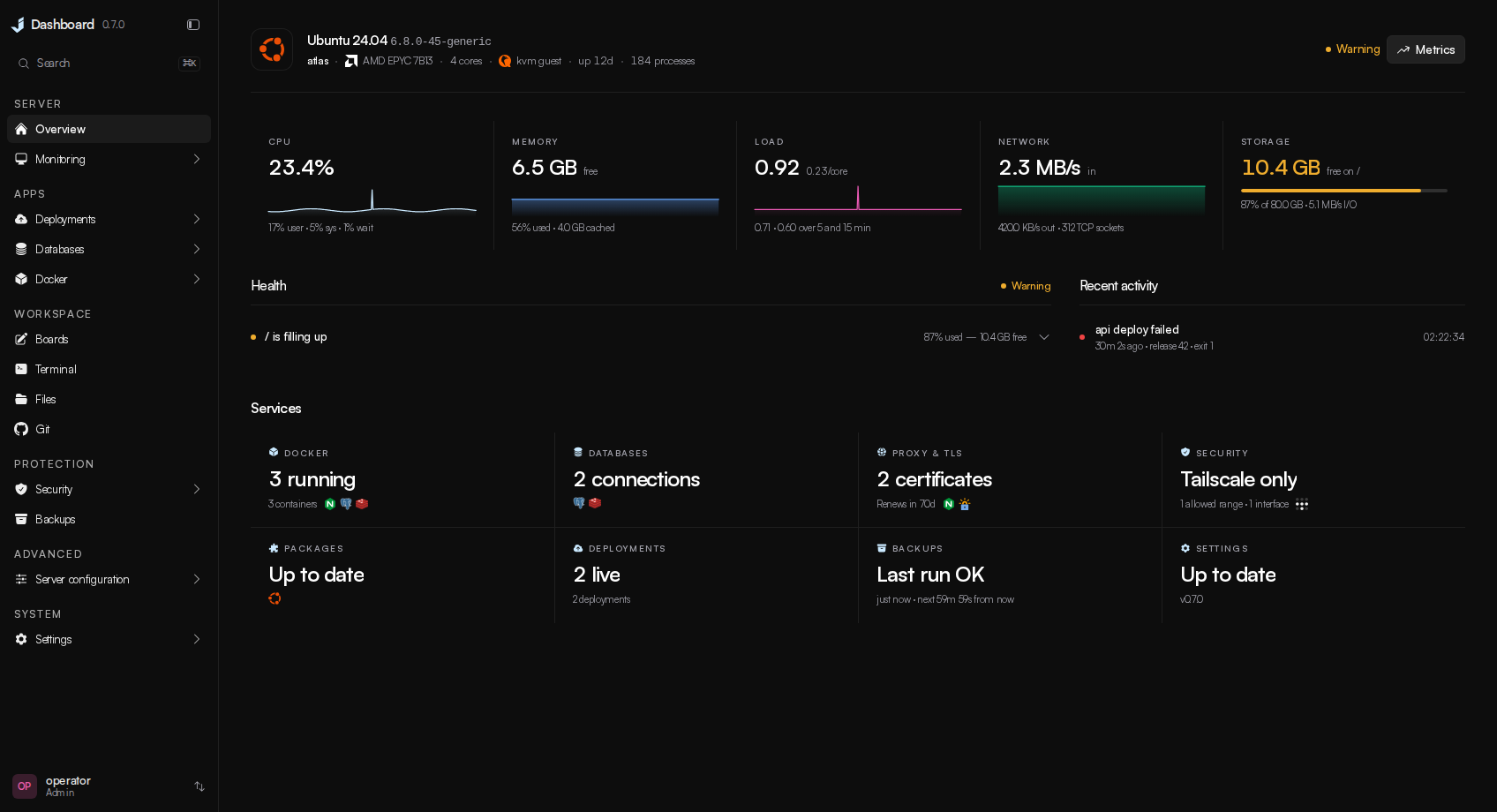 The server overview with live metrics, health findings and service summaries