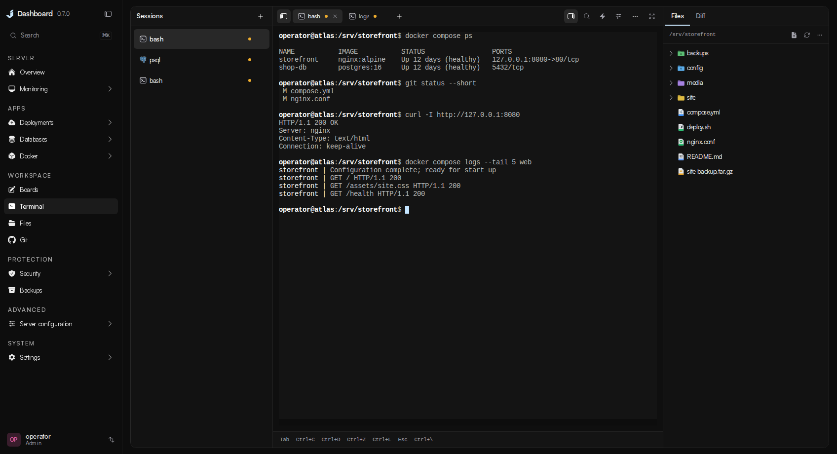 A terminal window, with the Files companion beside it