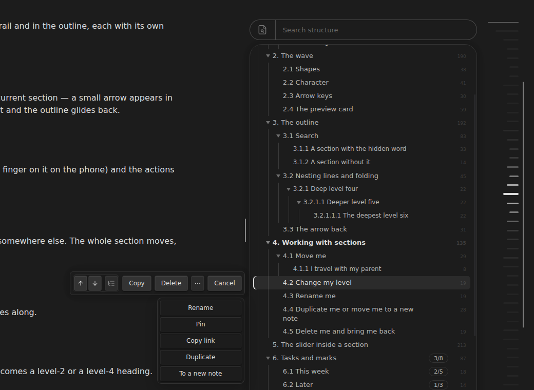 The actions menu next to a selected section