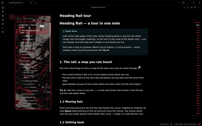 Heading Rail on the OLED.Black theme in Higanbana, Depth and Racer: previews along the rail, duplicating a section, changing a level from the preview, the Ctrl slider, the preview below the outline in a narrow window, search, pin, unpin and undo, dragging a section inside another and lowering its level
