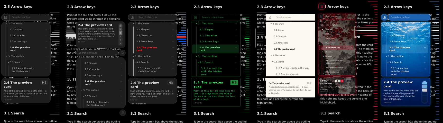 The seven presets on a phone: Standard, Funkier, Racer, Terminal, Paper, Higanbana, Depth