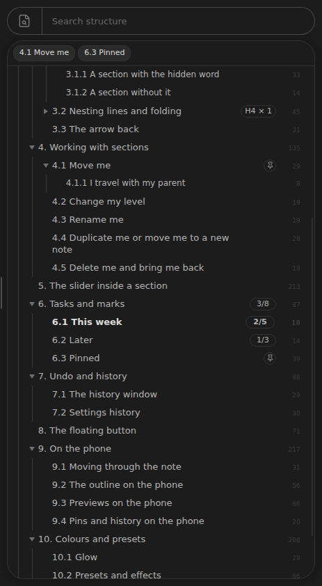 Word counts, task marks and a folded-section mark