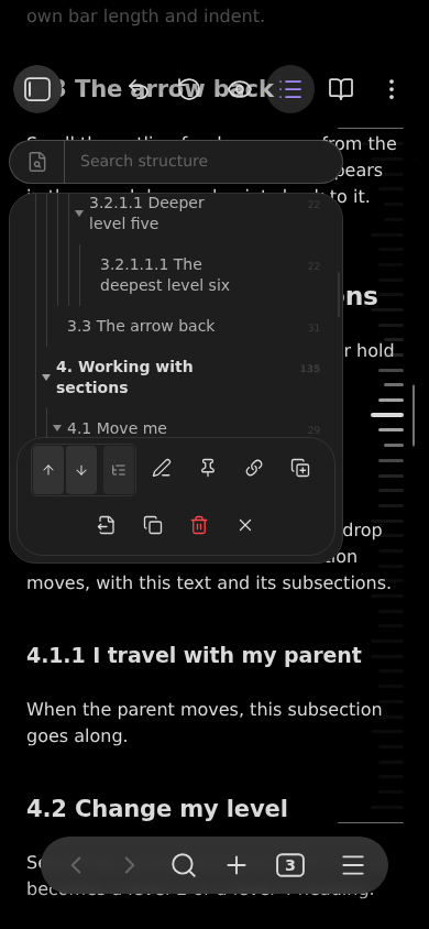 The outline and the actions menu on a phone