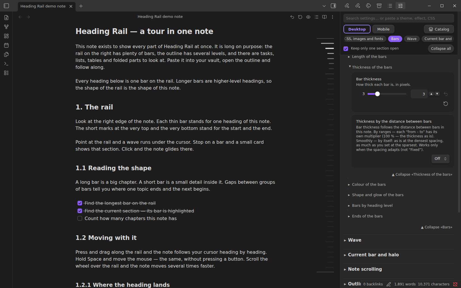 The settings in the sidebar next to the note