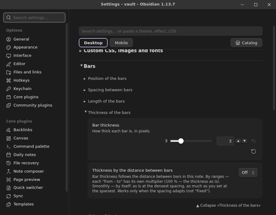 The settings screen with the Catalog button, groups, Back and Reset