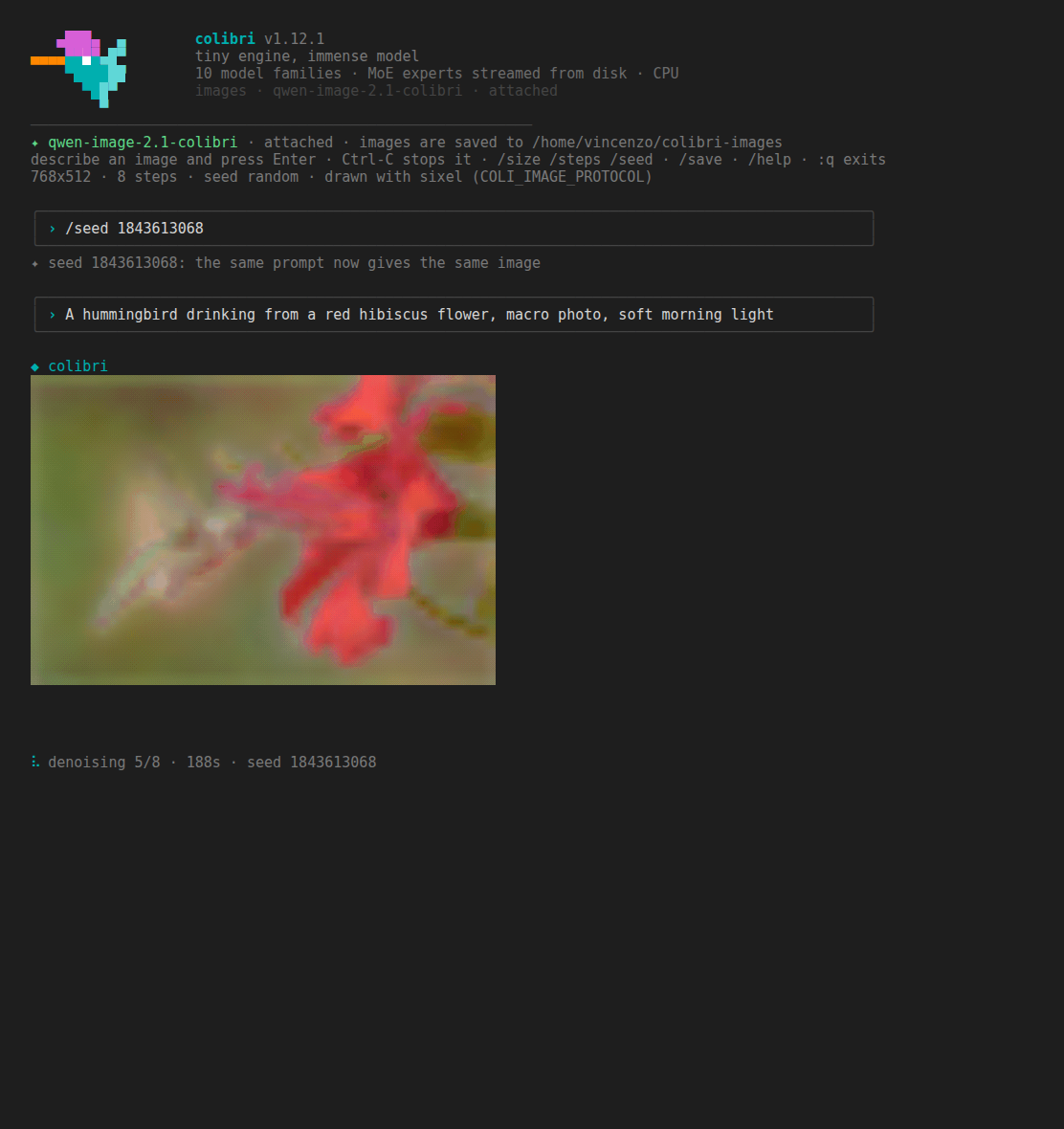 coli chat while the image is forming: the live preview, smoothly enlarged, redrawn in place at denoising step 5 of 8