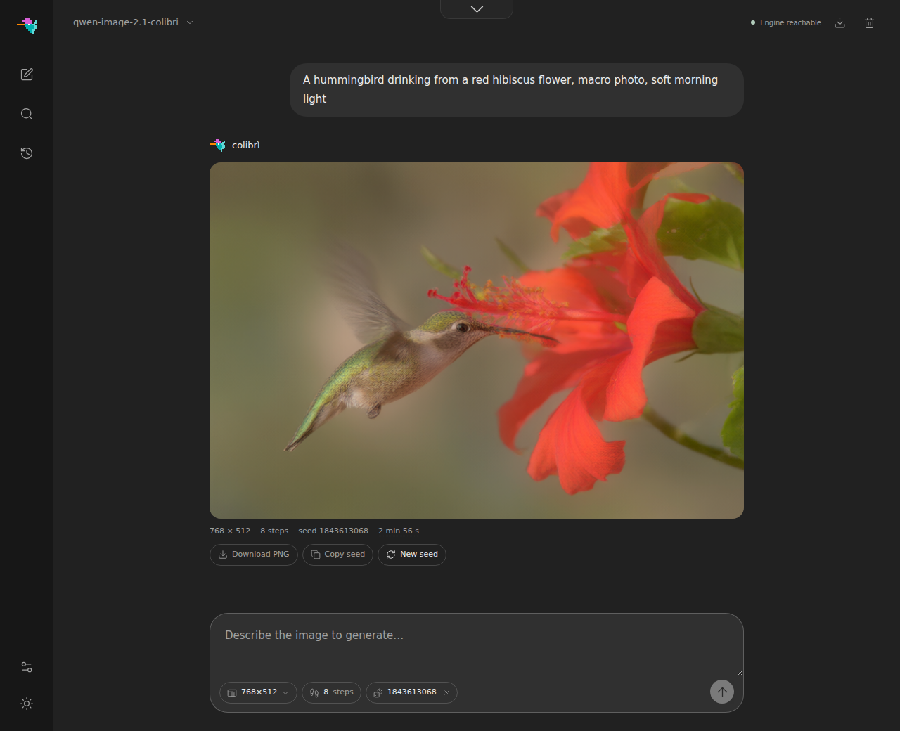 the web UI: the prompt, and the image colibri generated for it, with size, steps, seed and time